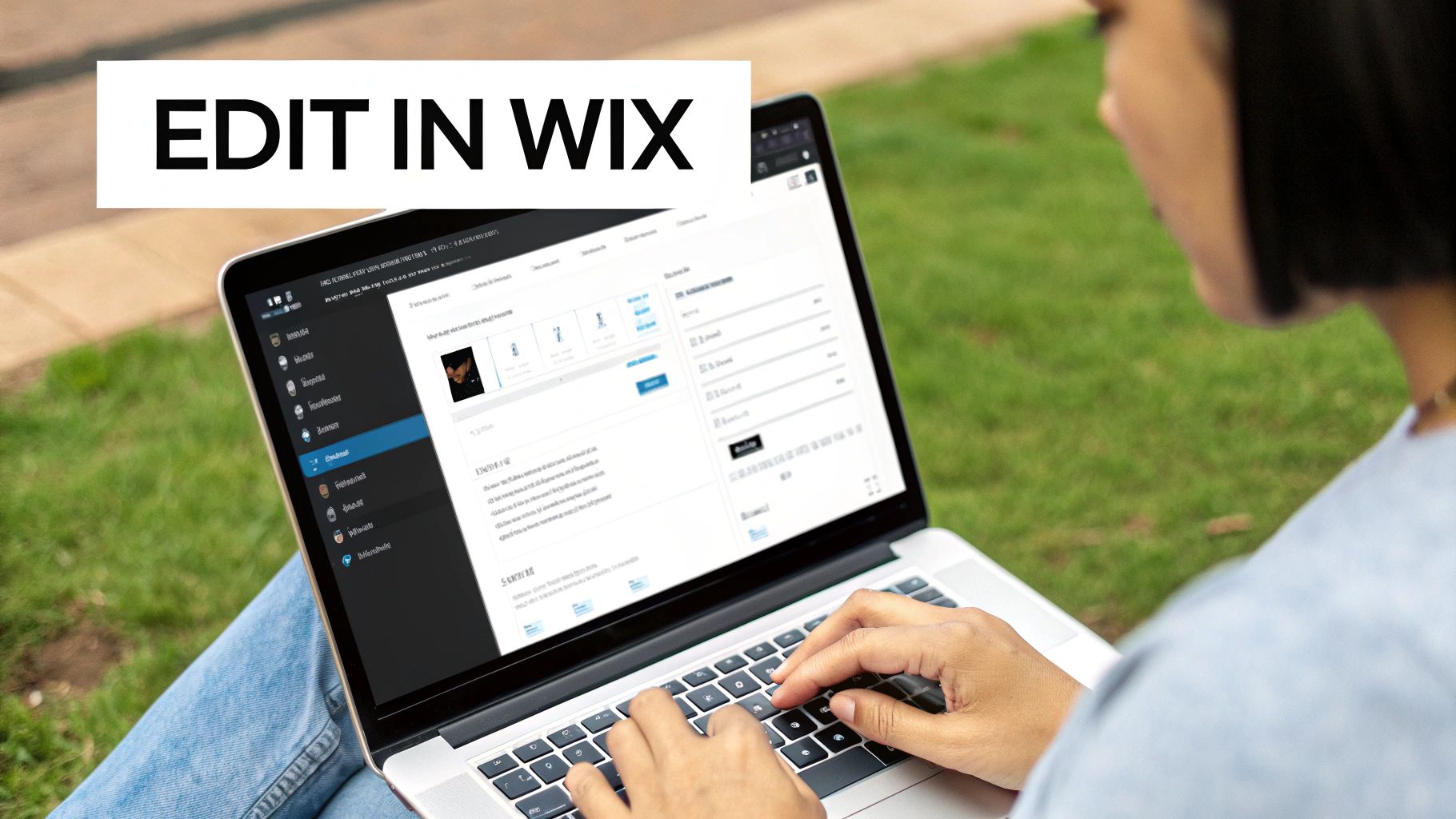 A woman types on a laptop, editing a Wix website while sitting outdoors on green grass.