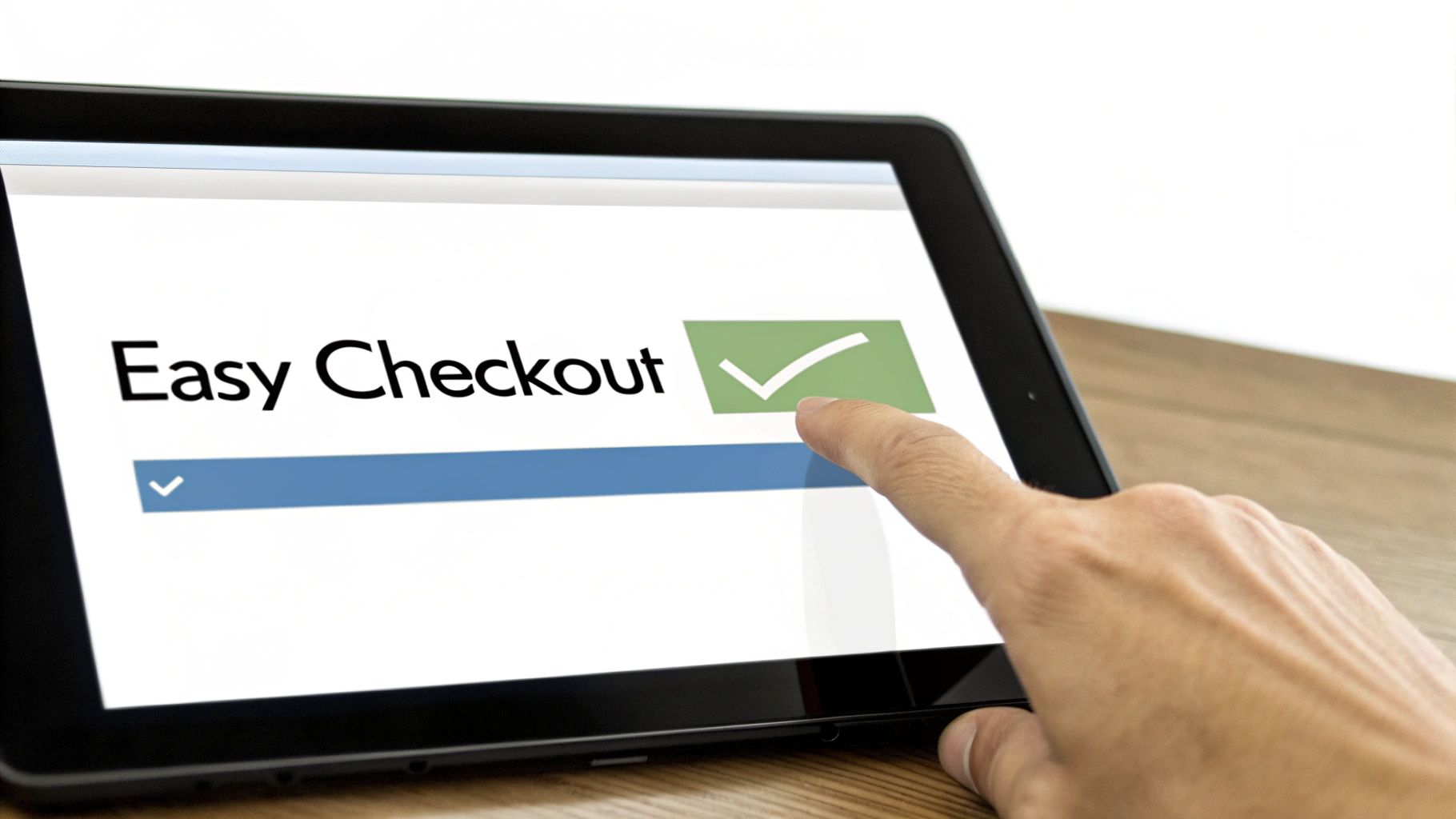 A user's finger taps a tablet screen showing 'Easy Checkout' with a green checkmark.