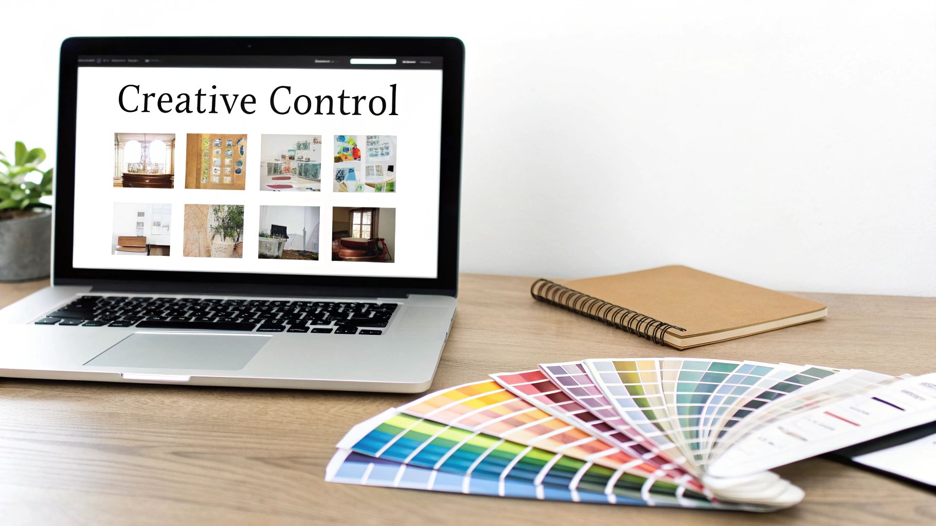 Laptop on a desk displaying "Creative Control" with images. Color swatches, a plant, and a notebook are nearby. Bright, creative setting.