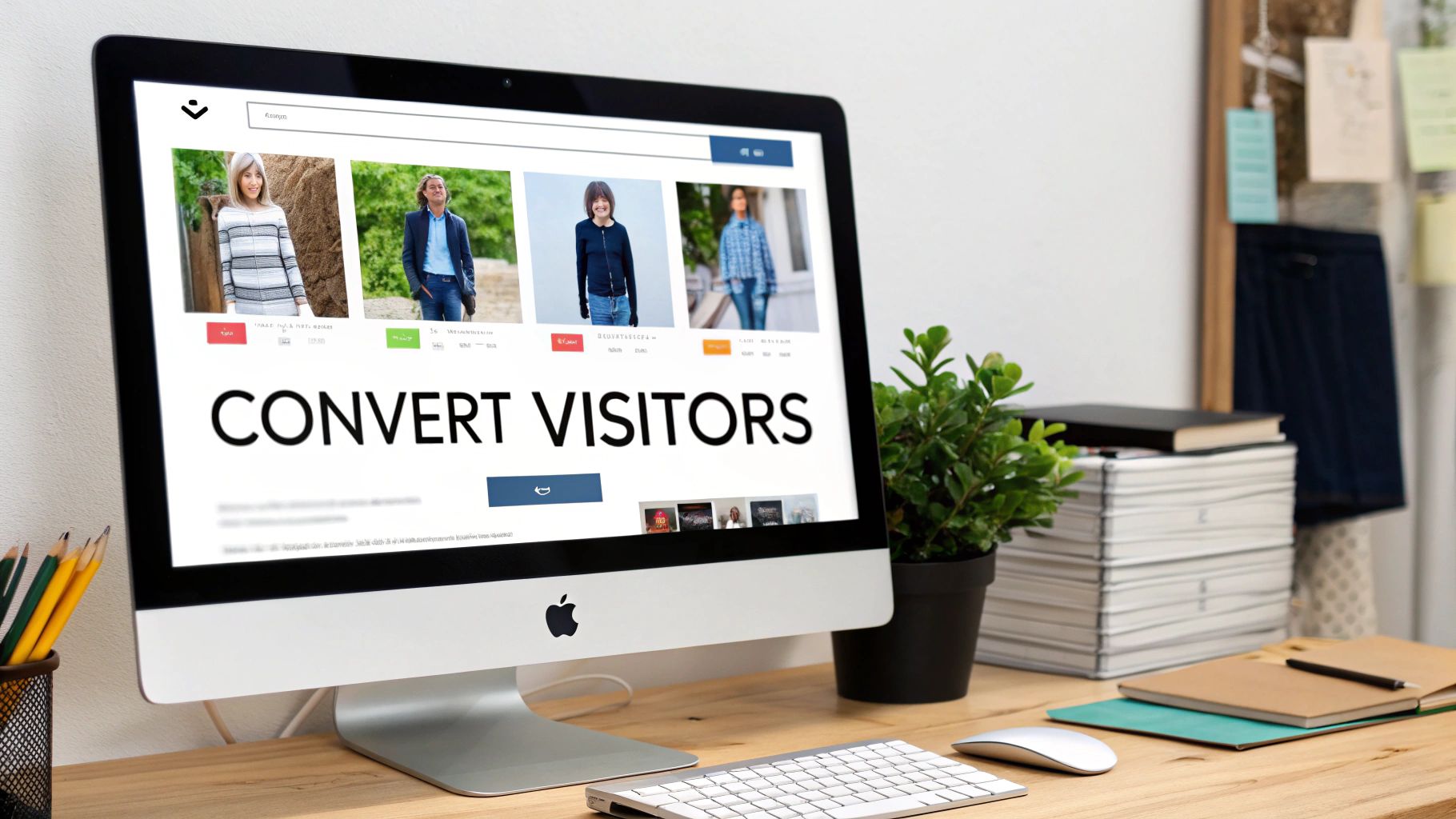 A modern workspace with an Apple iMac displaying an e-commerce website, featuring a plant and books.