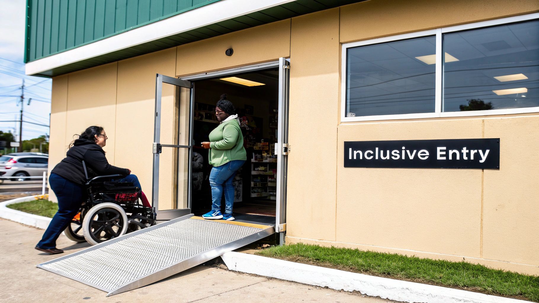A woman in a wheelchair is pushed up an accessibility ramp into a building by another woman, next to a sign that says "Inclusive Entry".