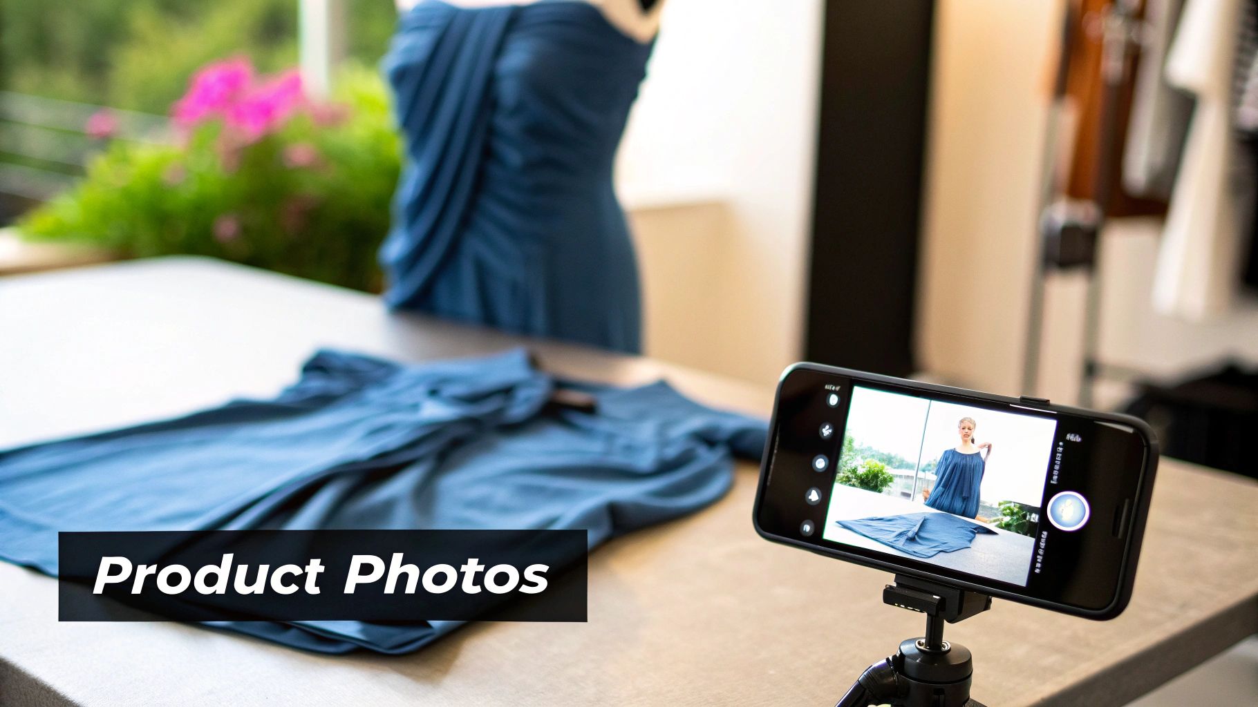 A smartphone on a tripod captures product photos of blue clothing, including a dress on a mannequin.