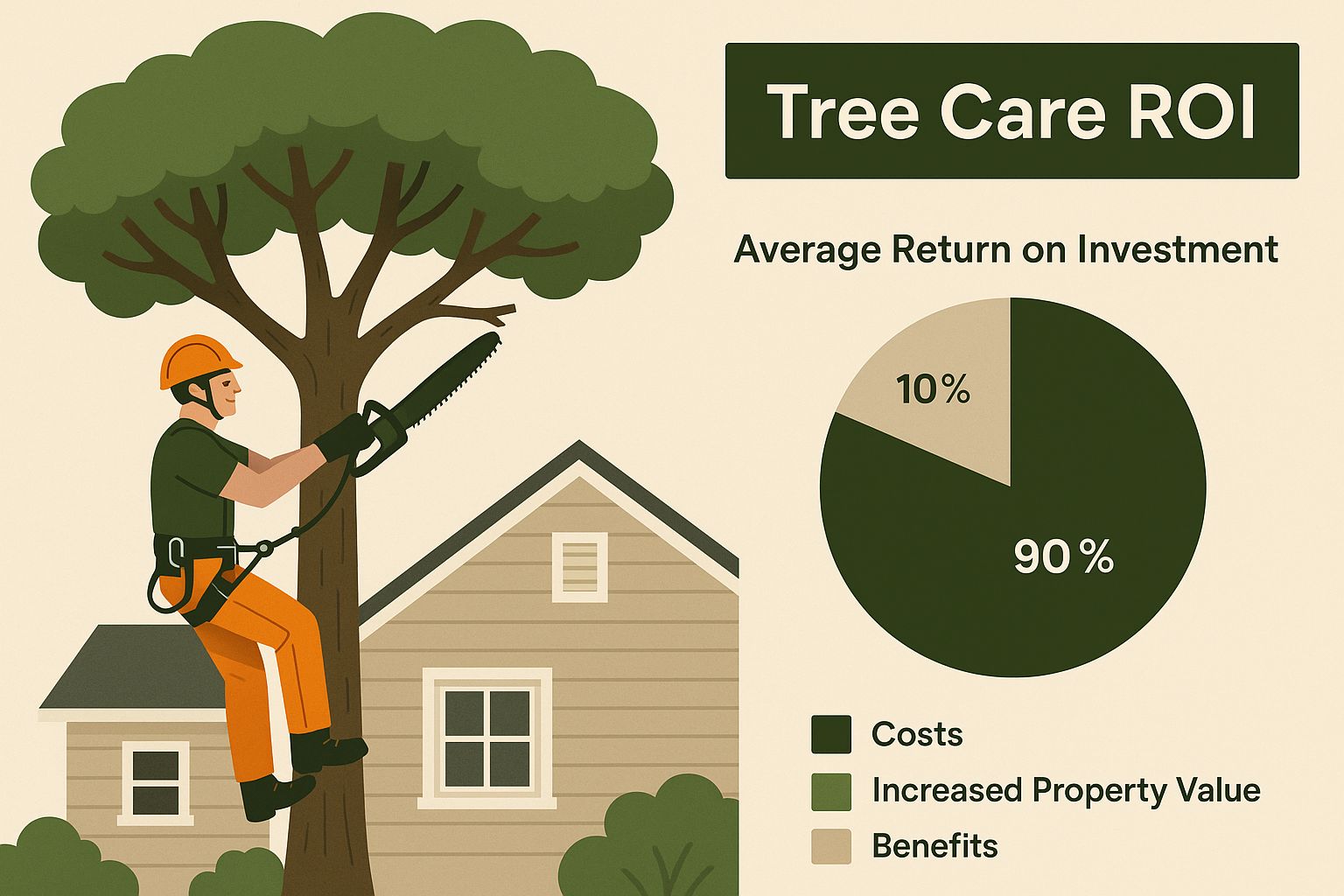 Worker in orange gear trims a tree near a house. Chart shows Tree Care ROI: 10% costs, 90% benefits. Green and beige tones.