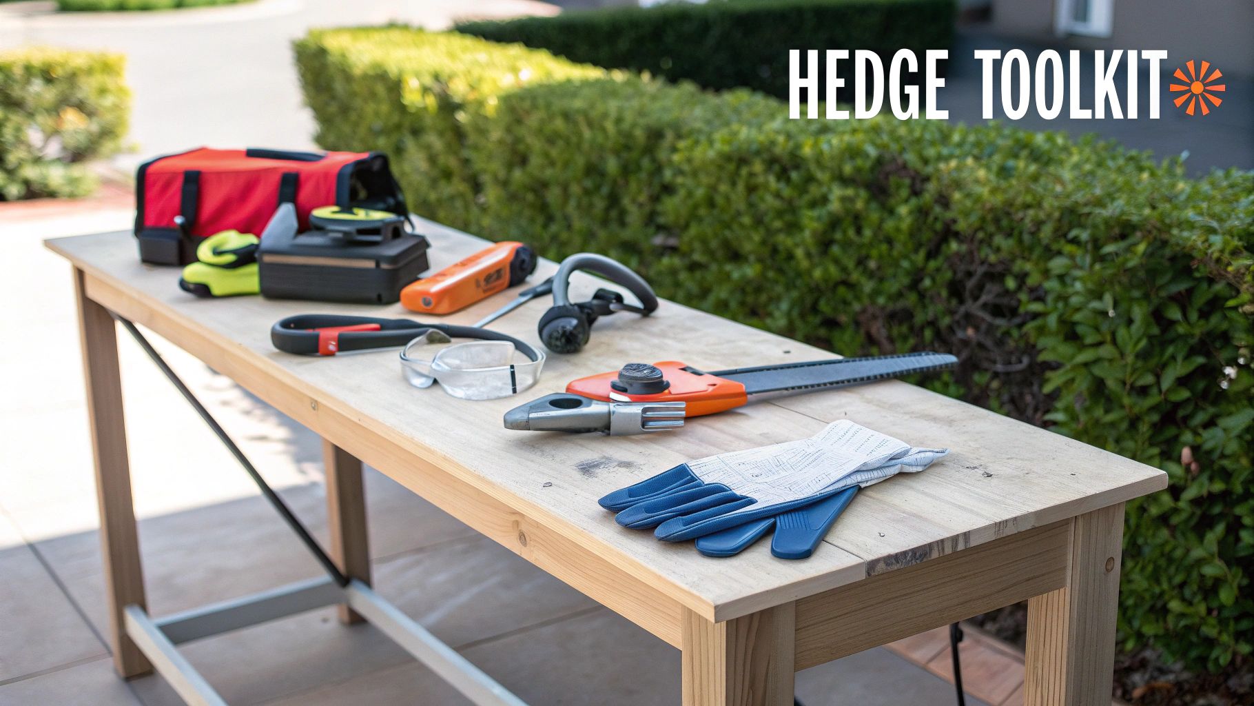 A collection of hedge trimming tools, including a chainsaw, safety glasses, gloves, and earmuffs, laid on a wooden table outdoors with a hedge in the background.