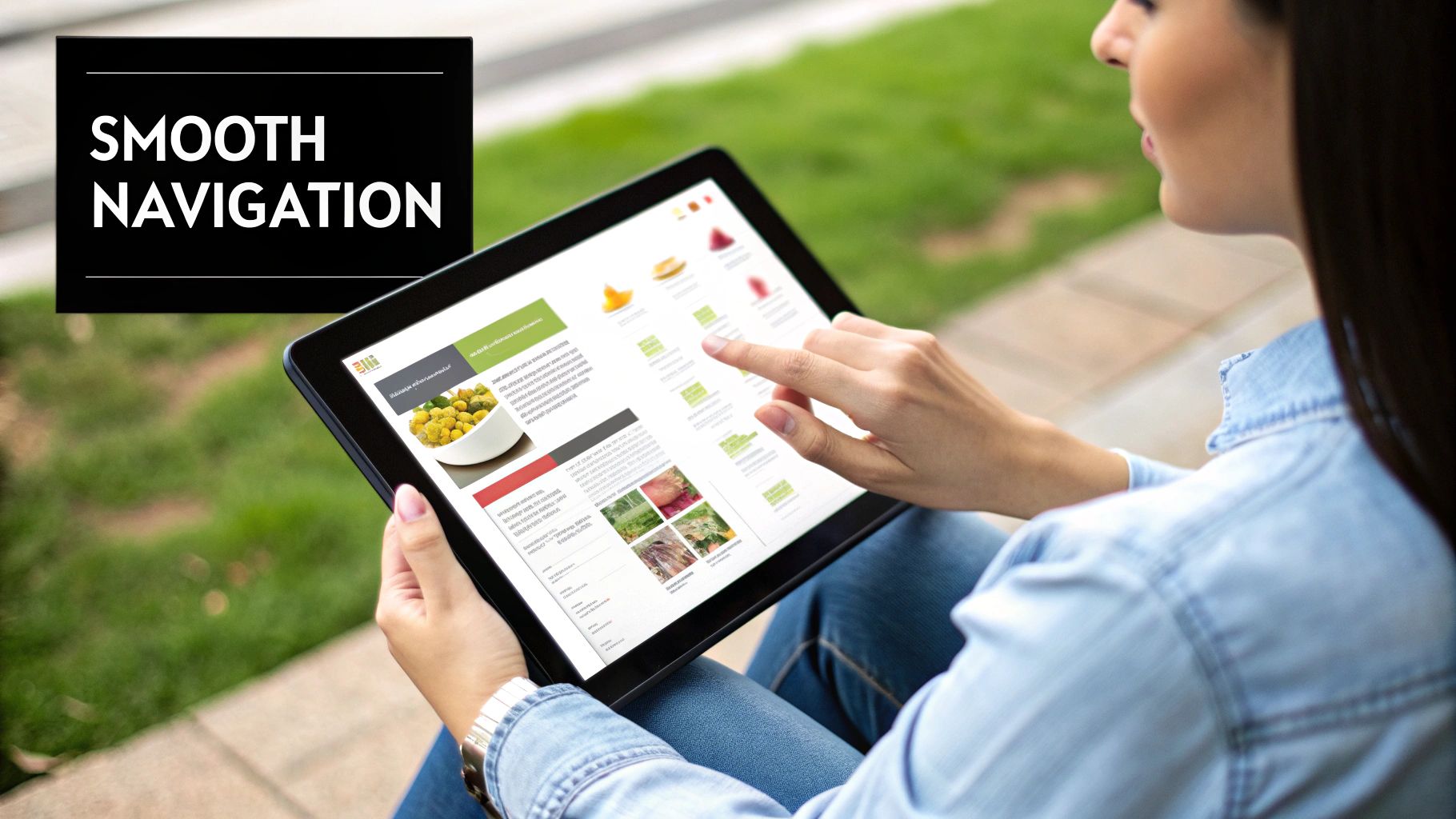 Woman using a tablet outdoors on a park bench, browsing a website. Text "Smooth Navigation" is visible. Mood is relaxed and focused.