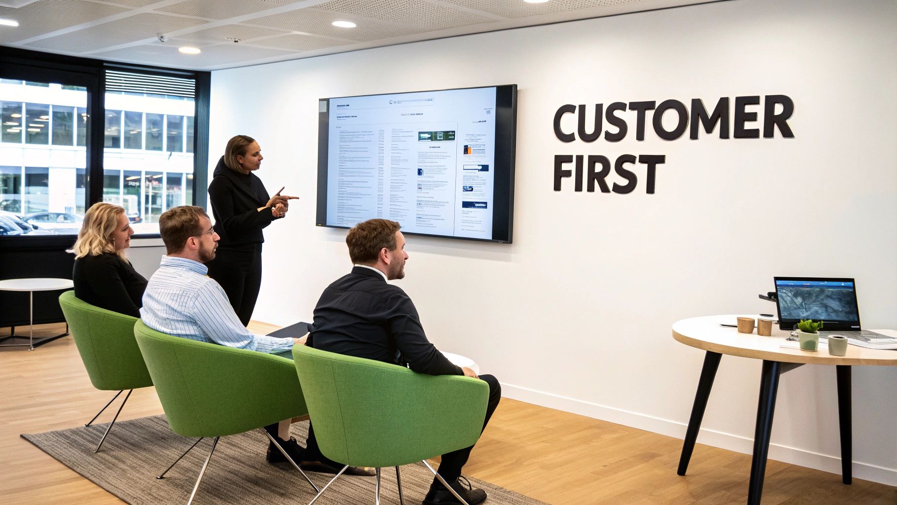 A team collaborating with sticky notes on a glass wall, demonstrating the process of building user personas.