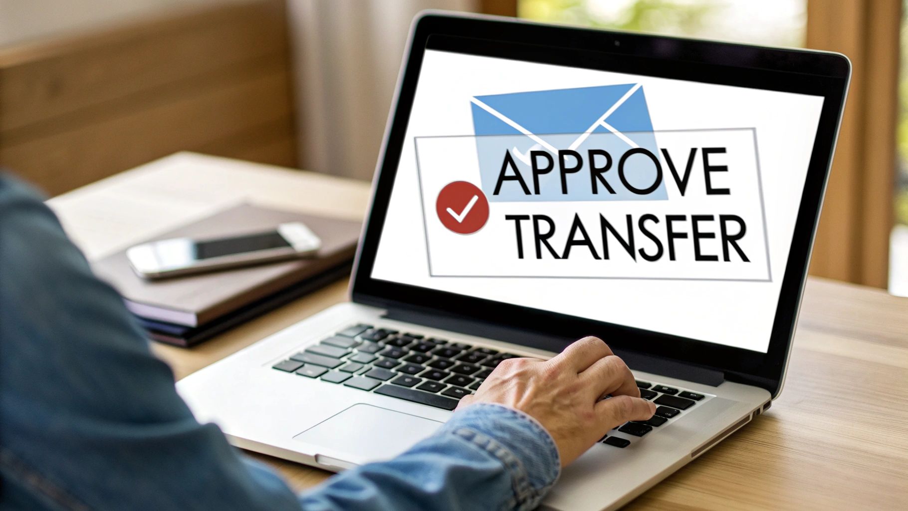 A person using a laptop displaying 'APPROVE TRANSFER' with a checkmark, suggesting a digital transaction.