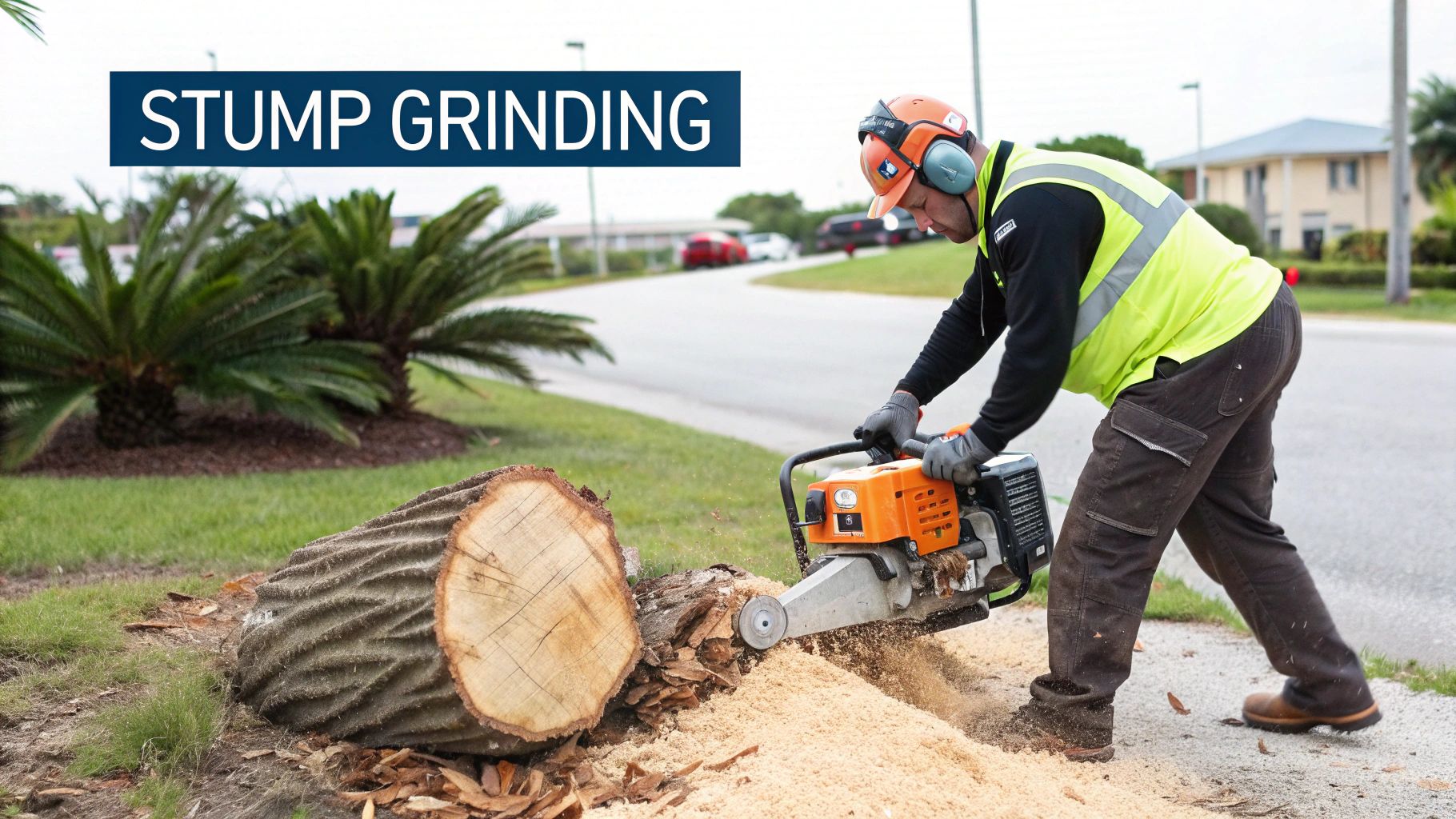 Worker in safety gear uses a powerful stump grinder to remove a tree stump, producing wood chips.