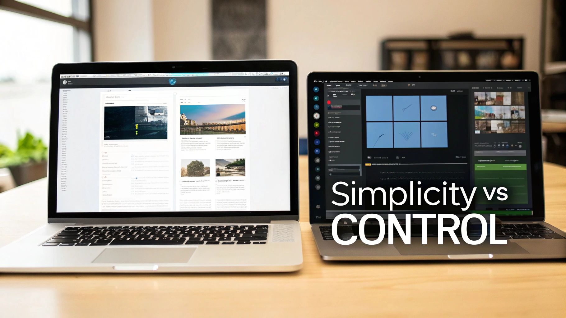 Two laptops display contrasting interfaces, highlighting the debate between simplicity and control.