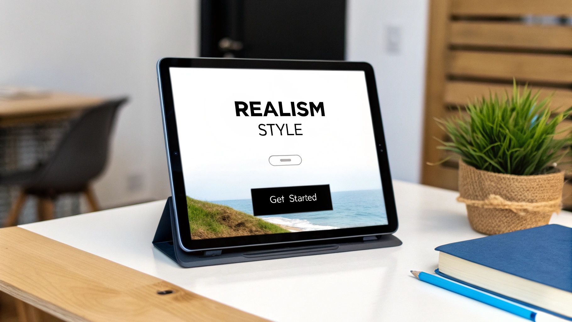 A tablet on a white desk displays a website with "REALISM STYLE" text and a beach image, next to a plant and a blue book.