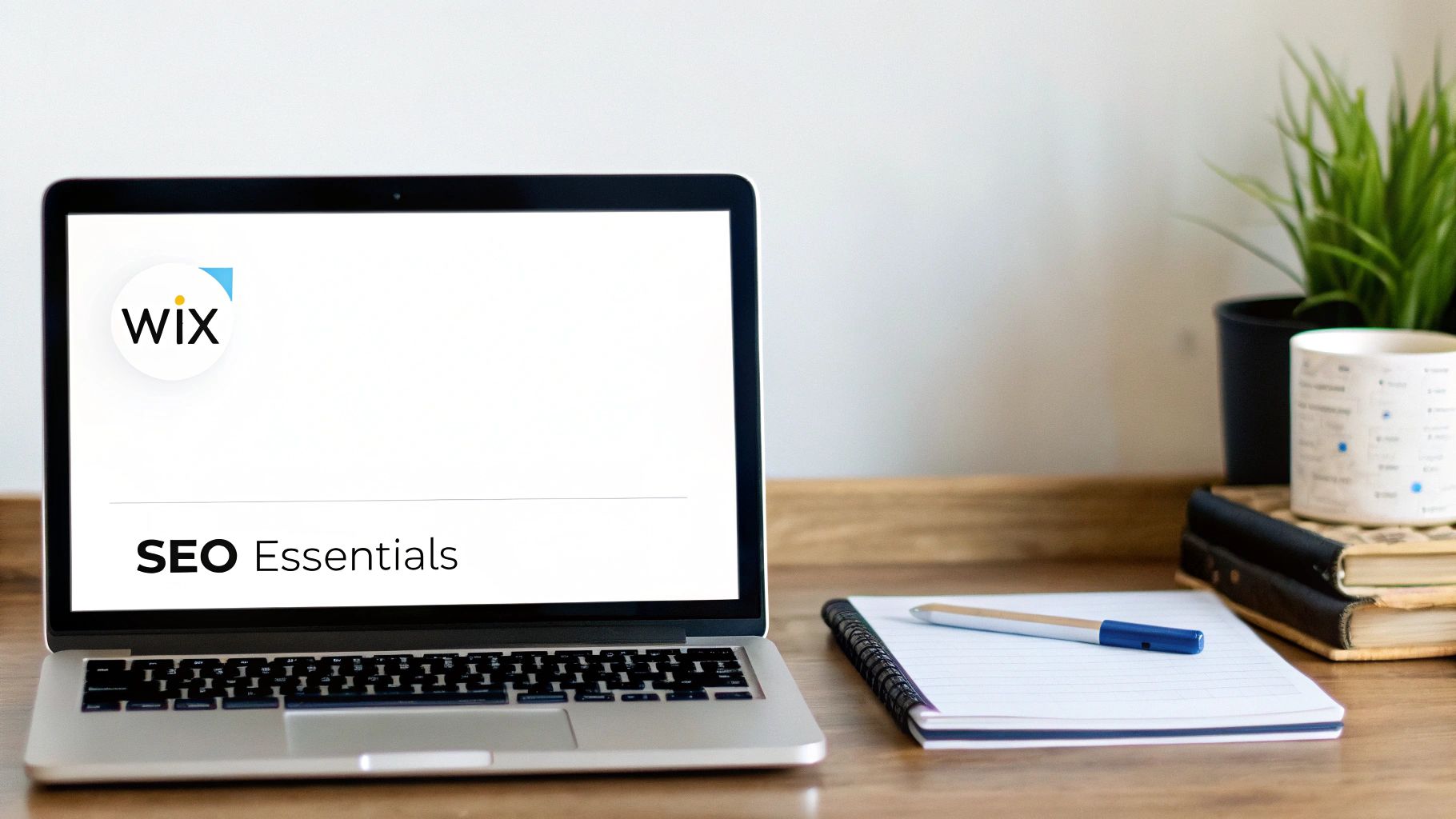 A laptop screen displays 'Wix SEO Essentials' alongside a notebook, pen, plant, and mug on a desk.