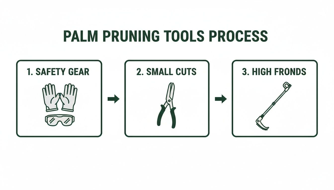 A three-step visual guide showing palm pruning tools: safety gear, pruning shears, and a pole saw.