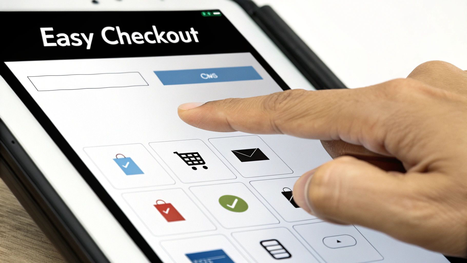 Finger tapping "CMS" button on a tablet screen displaying "Easy Checkout" and icons for shopping and mail, suggesting convenience.
