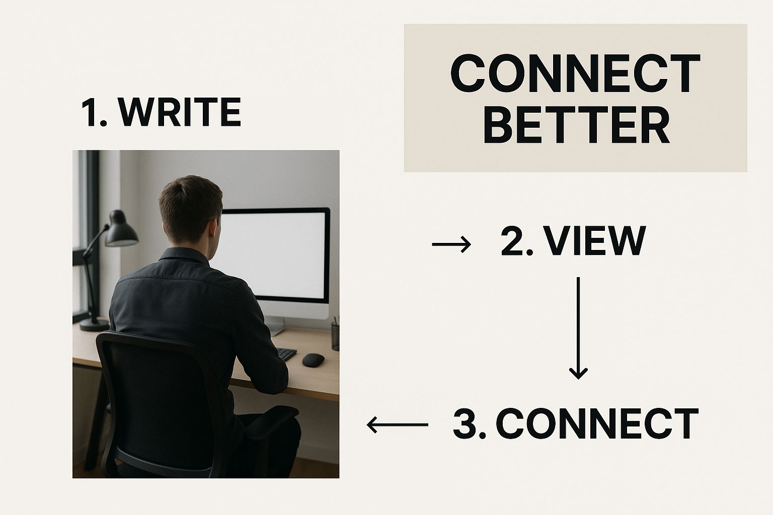 Person at desk with computer. Steps: 1. WRITE, 2. VIEW, and 3. CONNECT guide connecting better. Text and arrows on a light background.