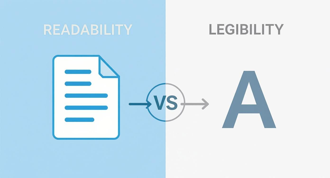 A visual comparison of readability (document icon representing text) versus legibility (single letter A).