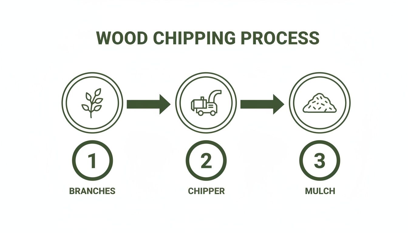 A diagram illustrates the wood chipping process: branches are fed into a chipper to create mulch.