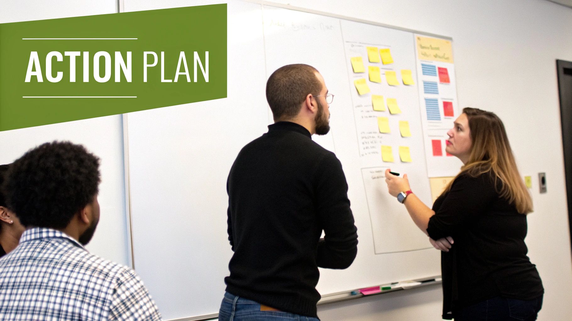 People collaboratively brainstorming an action plan on a whiteboard with colorful sticky notes.