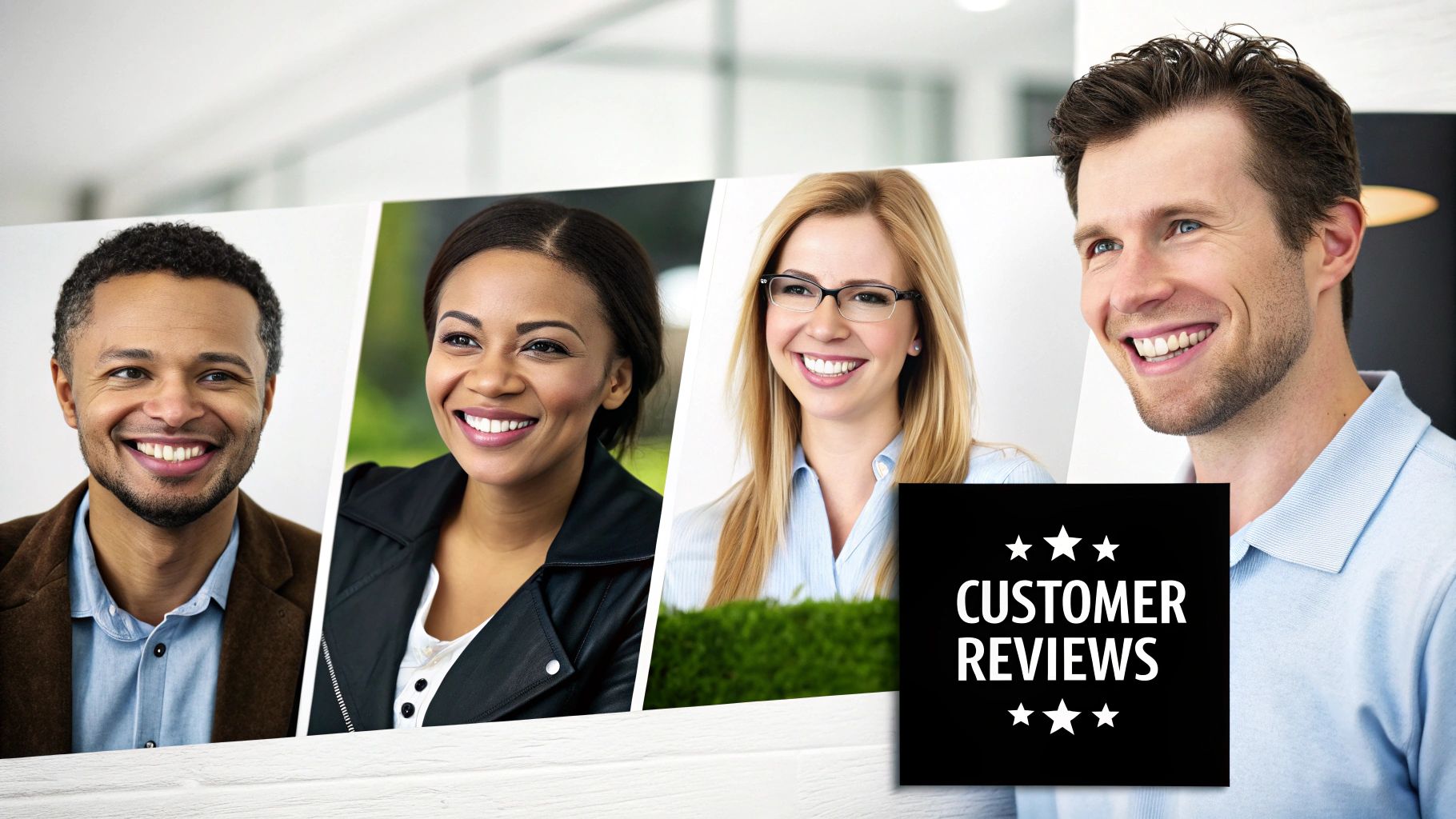 A collage of four diverse, smiling people with a black sign displaying 'CUSTOMER REVIEWS' and stars.