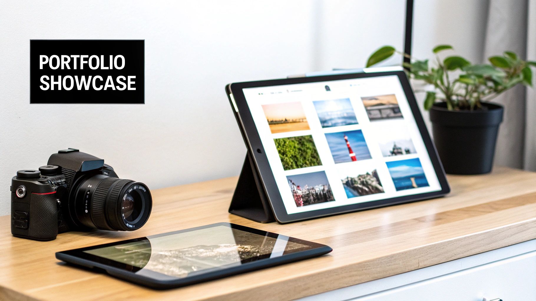 A camera and tablets on a wooden desk, one showing a portfolio of landscape photos. A sign reads 'PORTFOLIO SHOWCASE'.