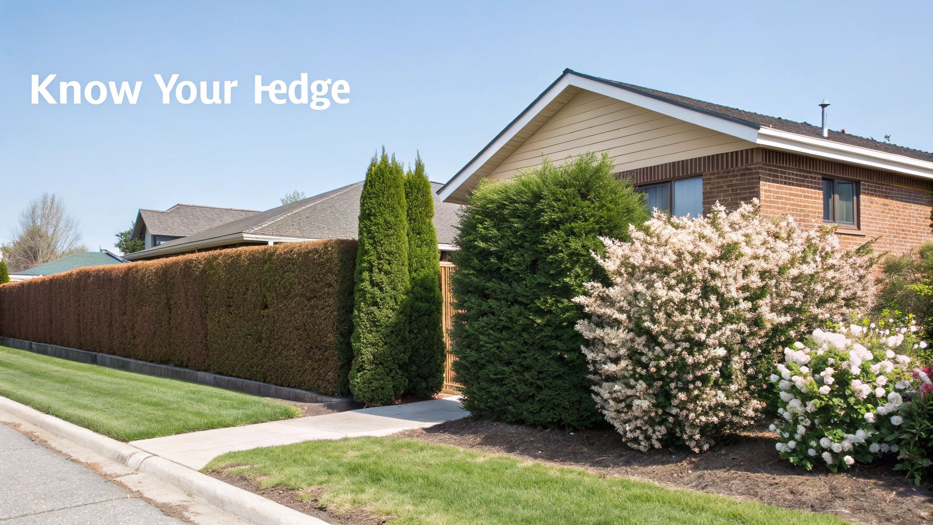 A vibrant suburban scene featuring a long, well-maintained green hedge, flowering bushes, and houses under a clear blue sky.