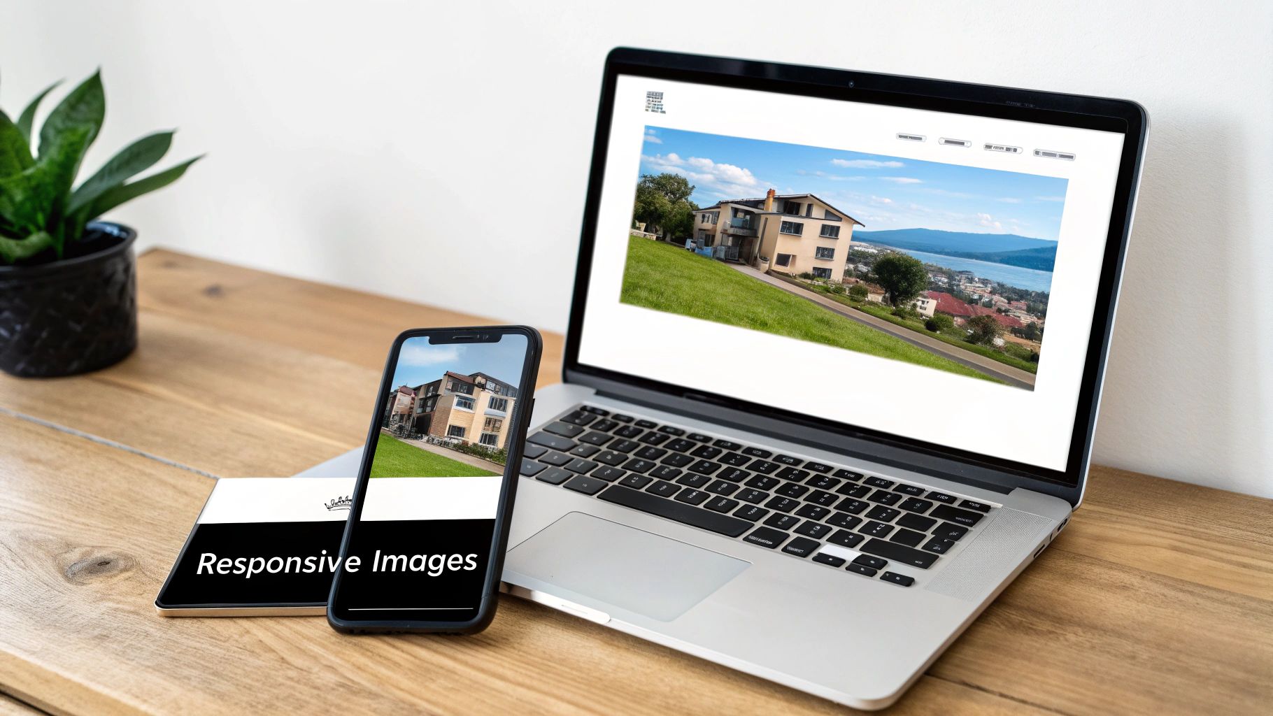 Laptop and smartphone displaying a responsive image of a house overlooking a lake on a wooden desk.