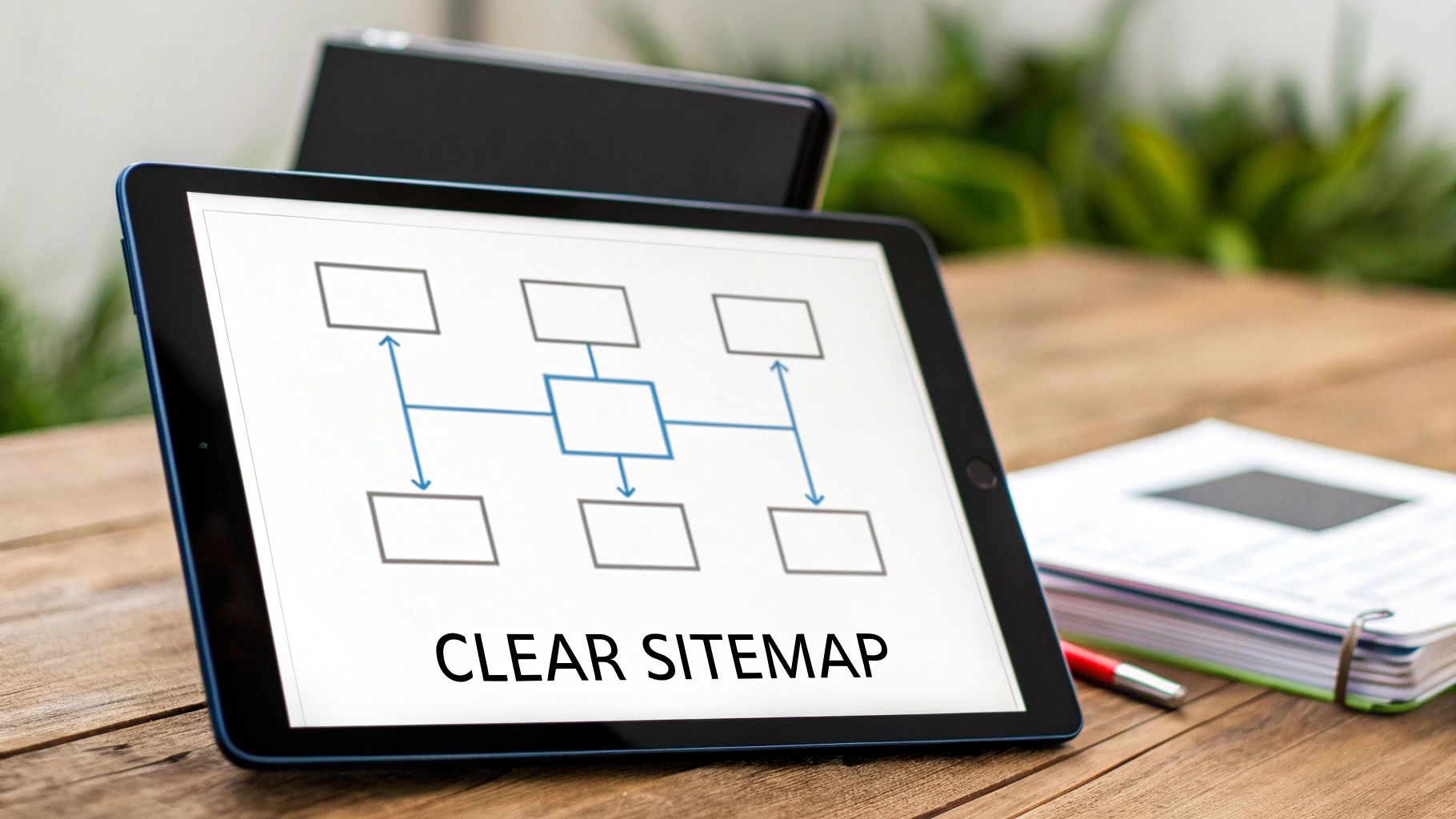 A tablet displaying a clear sitemap diagram with interconnected boxes, alongside a smartphone, notebook, and pen.