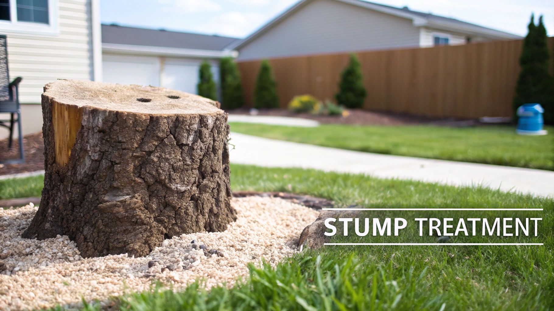 A treated tree stump with drilled holes in a residential backyard, surrounded by gravel and green grass.