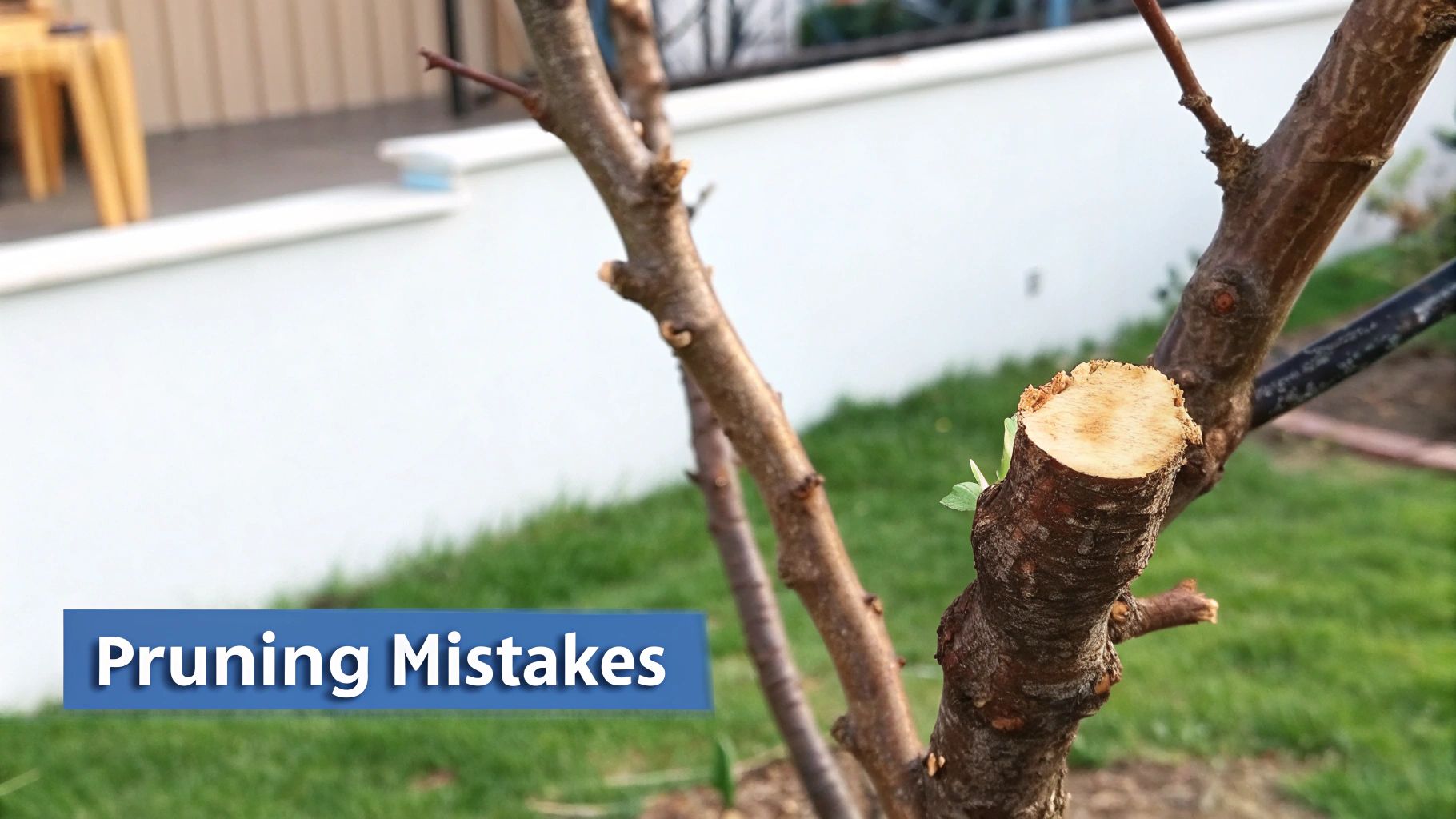 A close-up of a cleanly pruned fruit tree branch, showing the healing process of the cut.