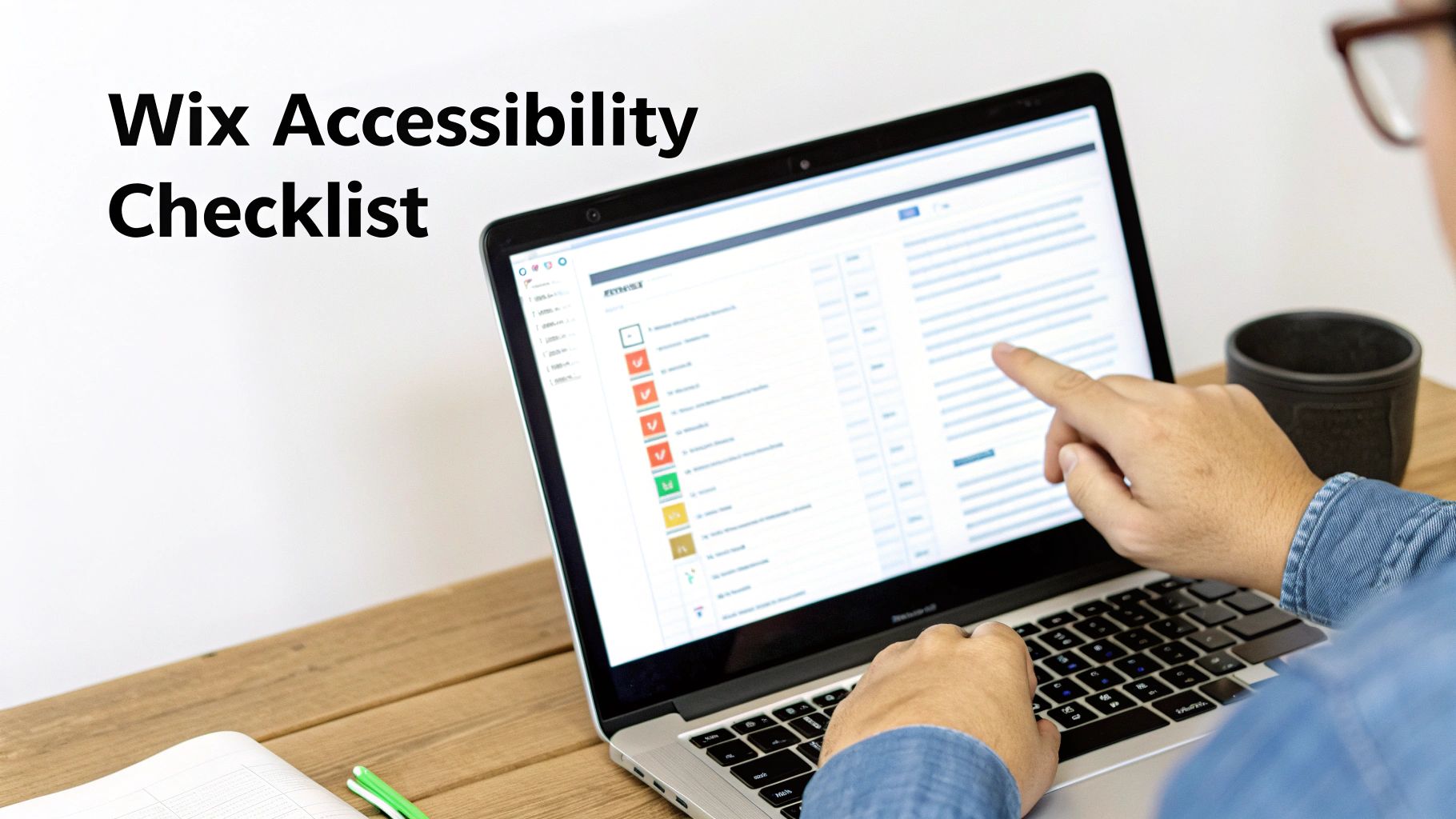 A person pointing at a laptop screen displaying a 'Wix Accessibility Checklist' on a wooden desk.