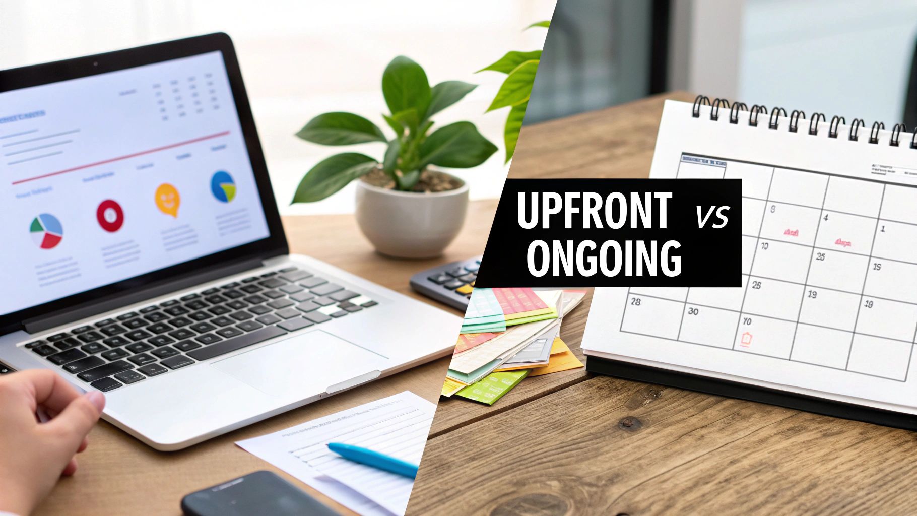 A split image contrasting upfront versus ongoing costs, showing a laptop with charts and a calendar.