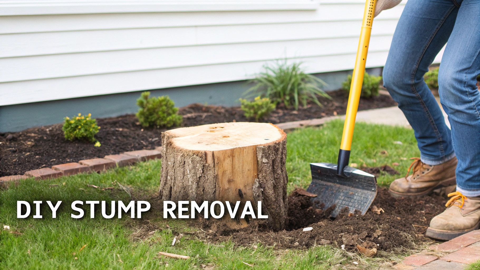 A person in blue jeans and work boots uses a shovel to remove soil around a tree stump in a garden, with text 'DIY STUMP REMOVAL'.