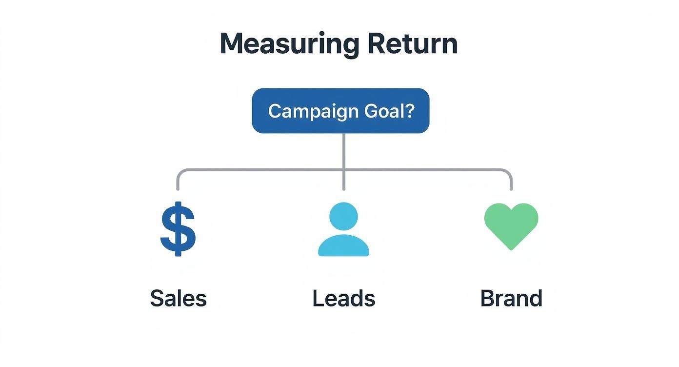 Flowchart showing three campaign goal types for measuring marketing return: sales, leads, and brand awareness