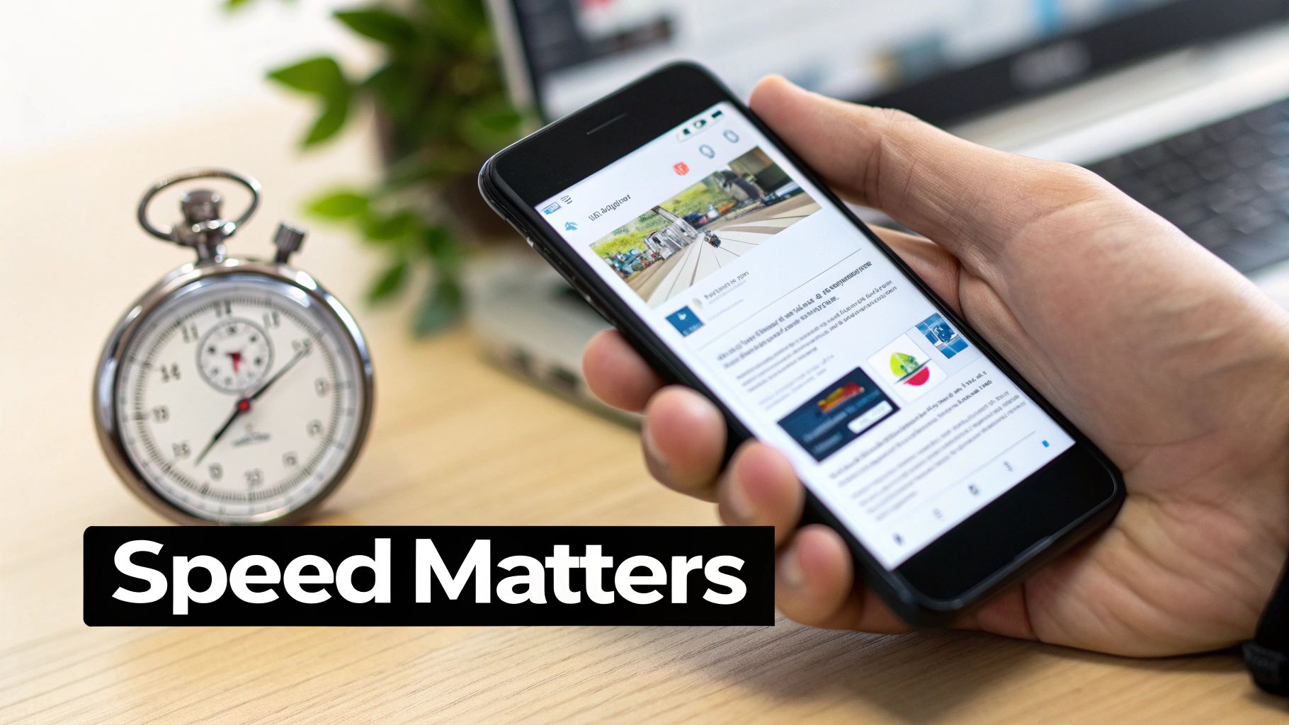 A hand holds a smartphone displaying content, with a stopwatch on a table, emphasizing speed.