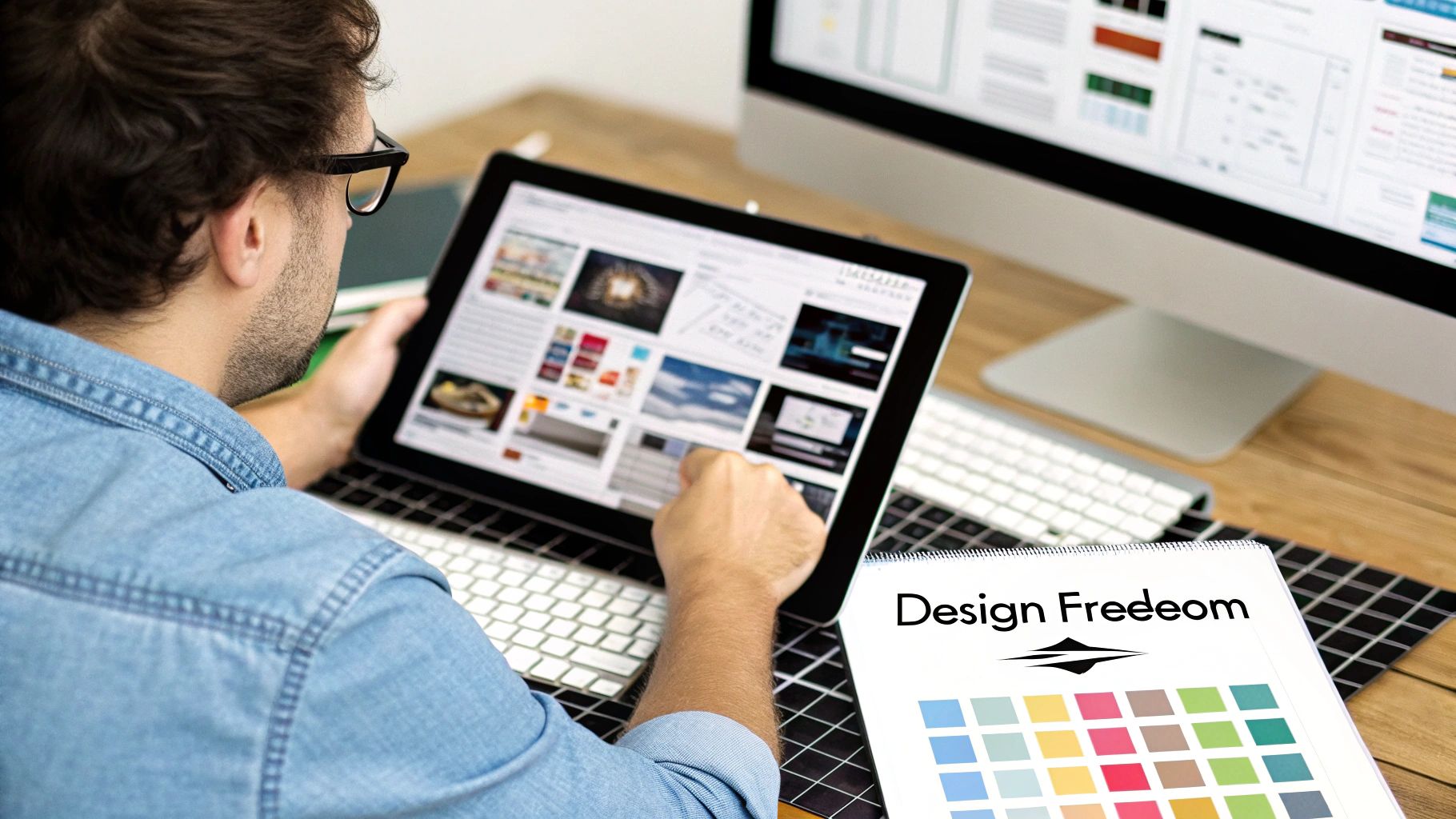 A designer works on a tablet displaying various creative designs and a color palette.