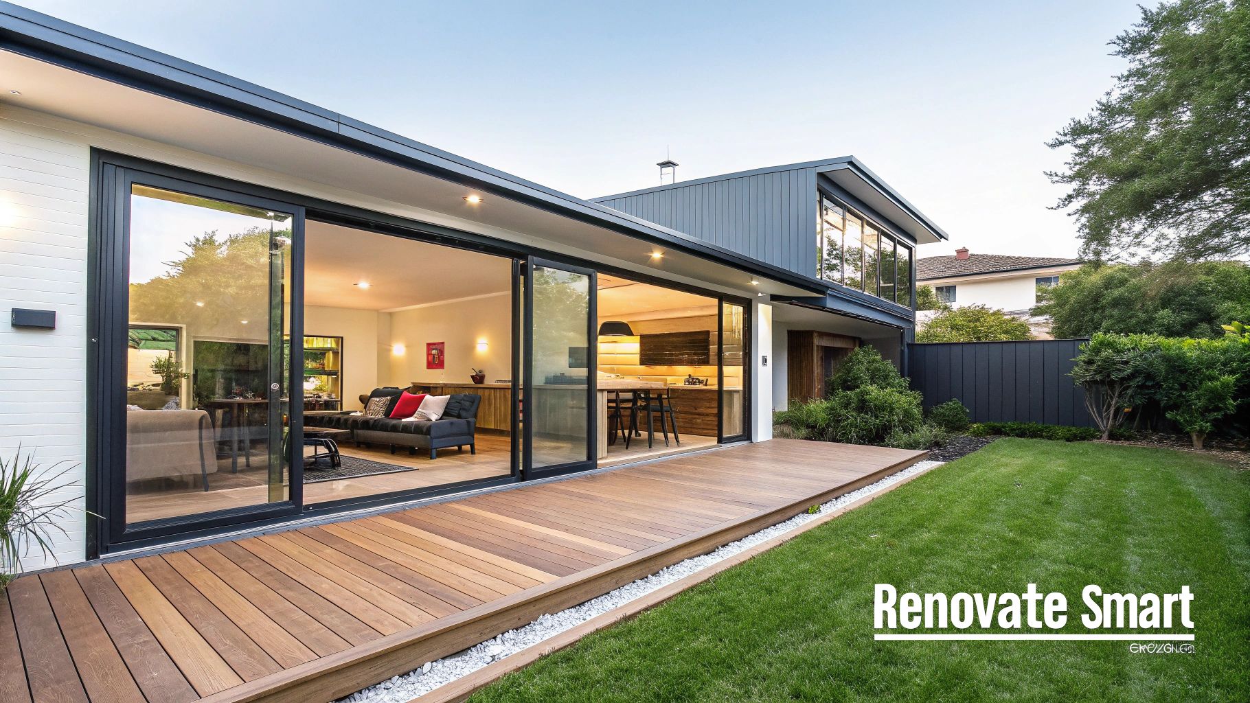 Modern house with large glass doors, wooden deck, and lush garden. Interior shows a cozy living room. Text: "Renovate Smart".