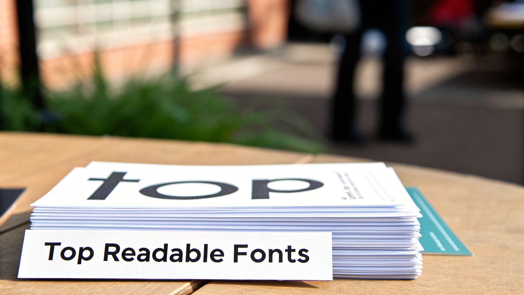 A stack of white cards on a wooden table, with a sign reading 'Top Readable Fonts'.