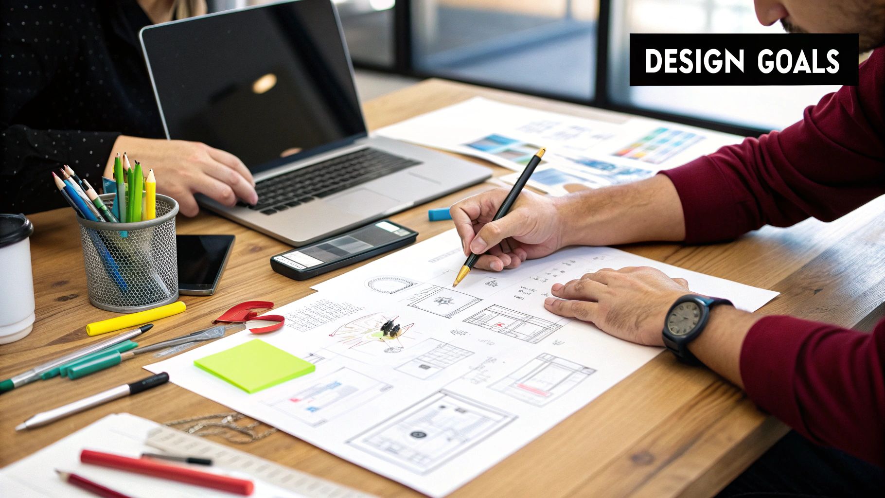 Two people collaborating on design blueprints at a wooden desk with laptops and colorful stationery. Sign reads "Design Goals."