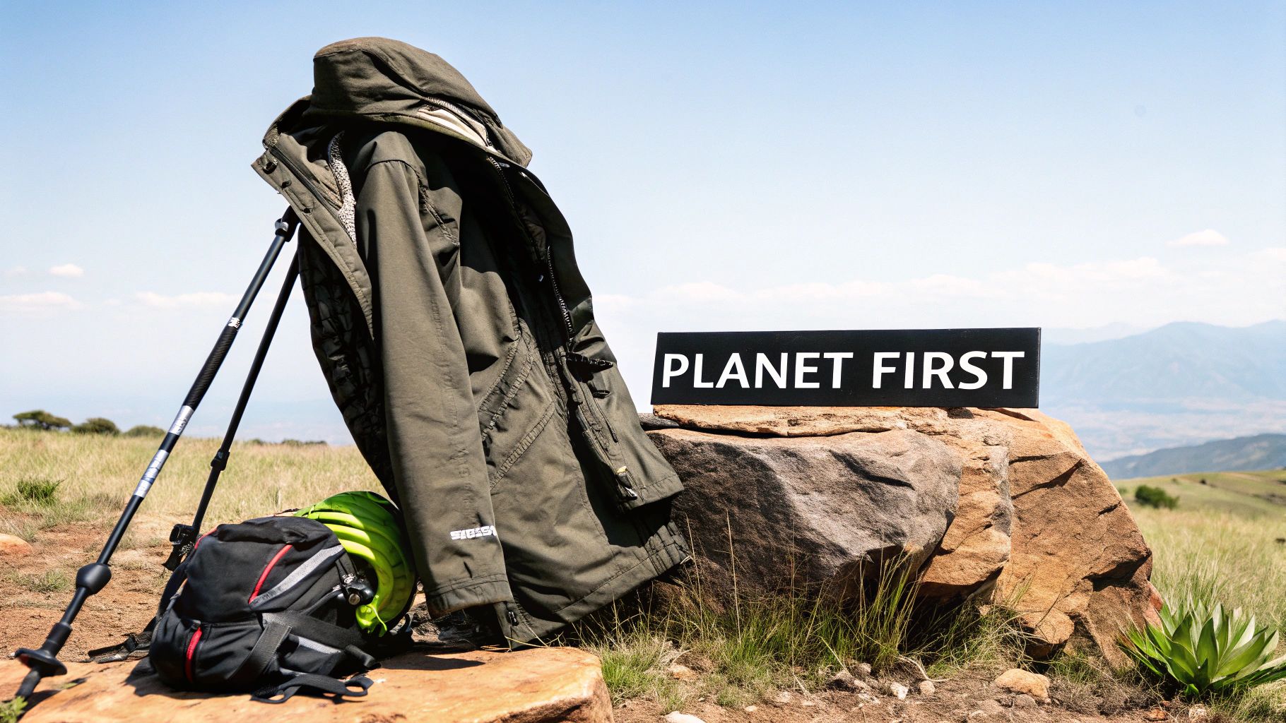 Hiking gear, including a jacket, backpack, and poles, next to a &quot;PLANET FIRST&quot; sign on a rock.