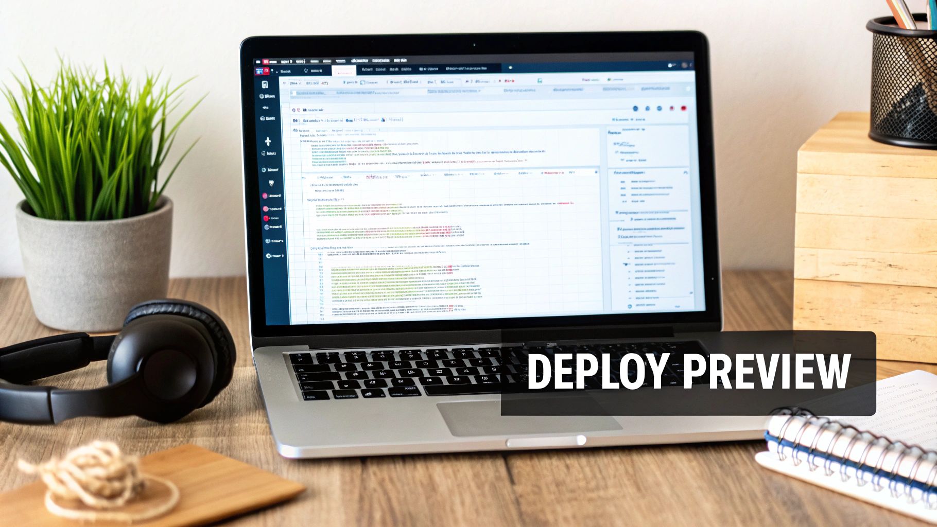 Laptop on a wooden desk displaying web application, with headphones, a plant, and a notebook.