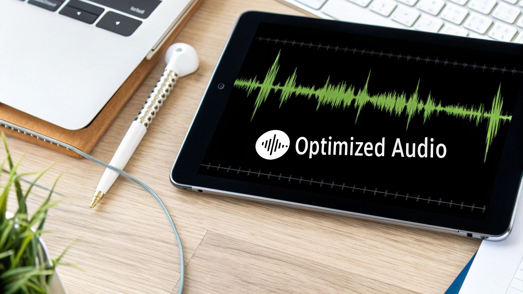 Digital tablet showing optimized audio waveform next to a laptop and headphones on a desk.