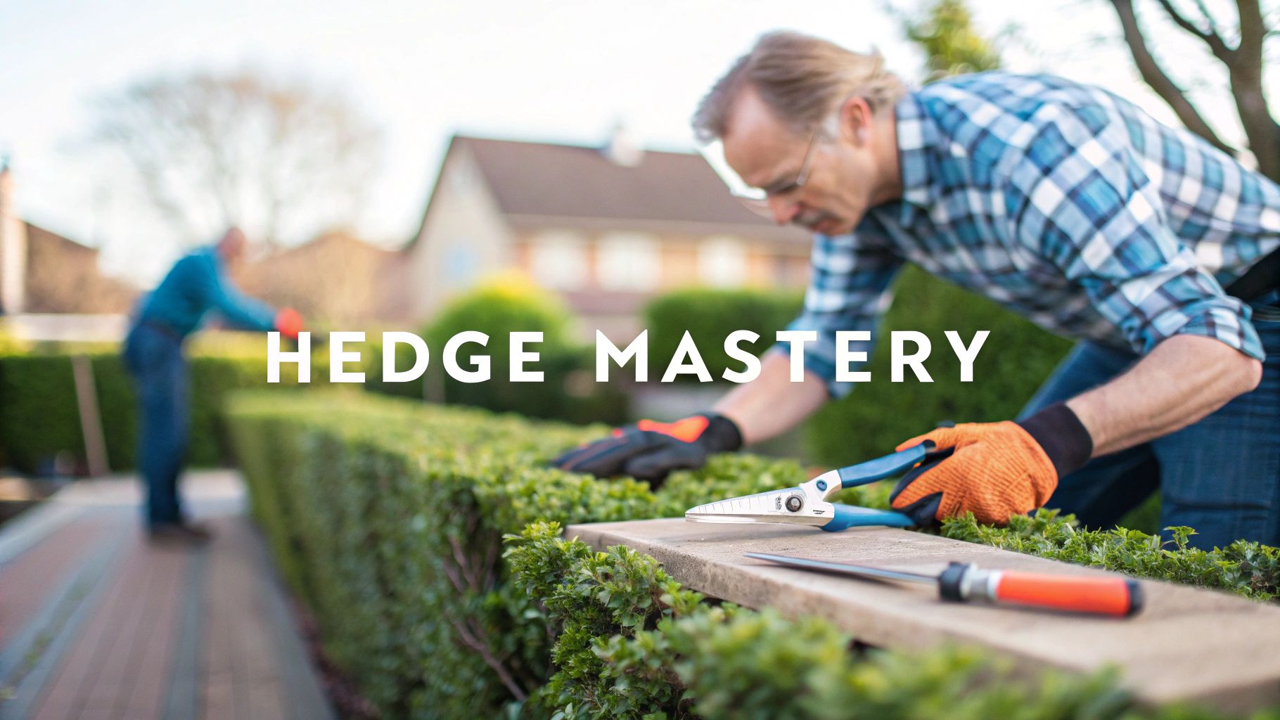 An arborist using tools to prune a hedge