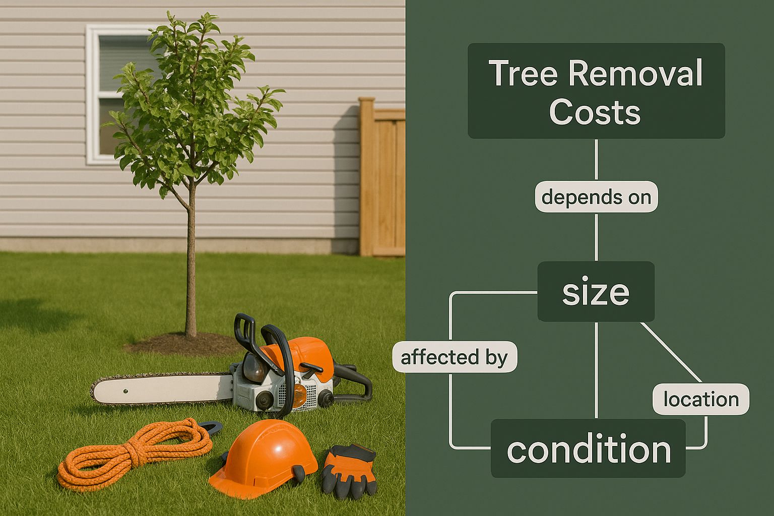 Tree and gear on grass: chainsaw, rope, hard hat, gloves. Flowchart details tree removal costs based on size, condition, and location.
