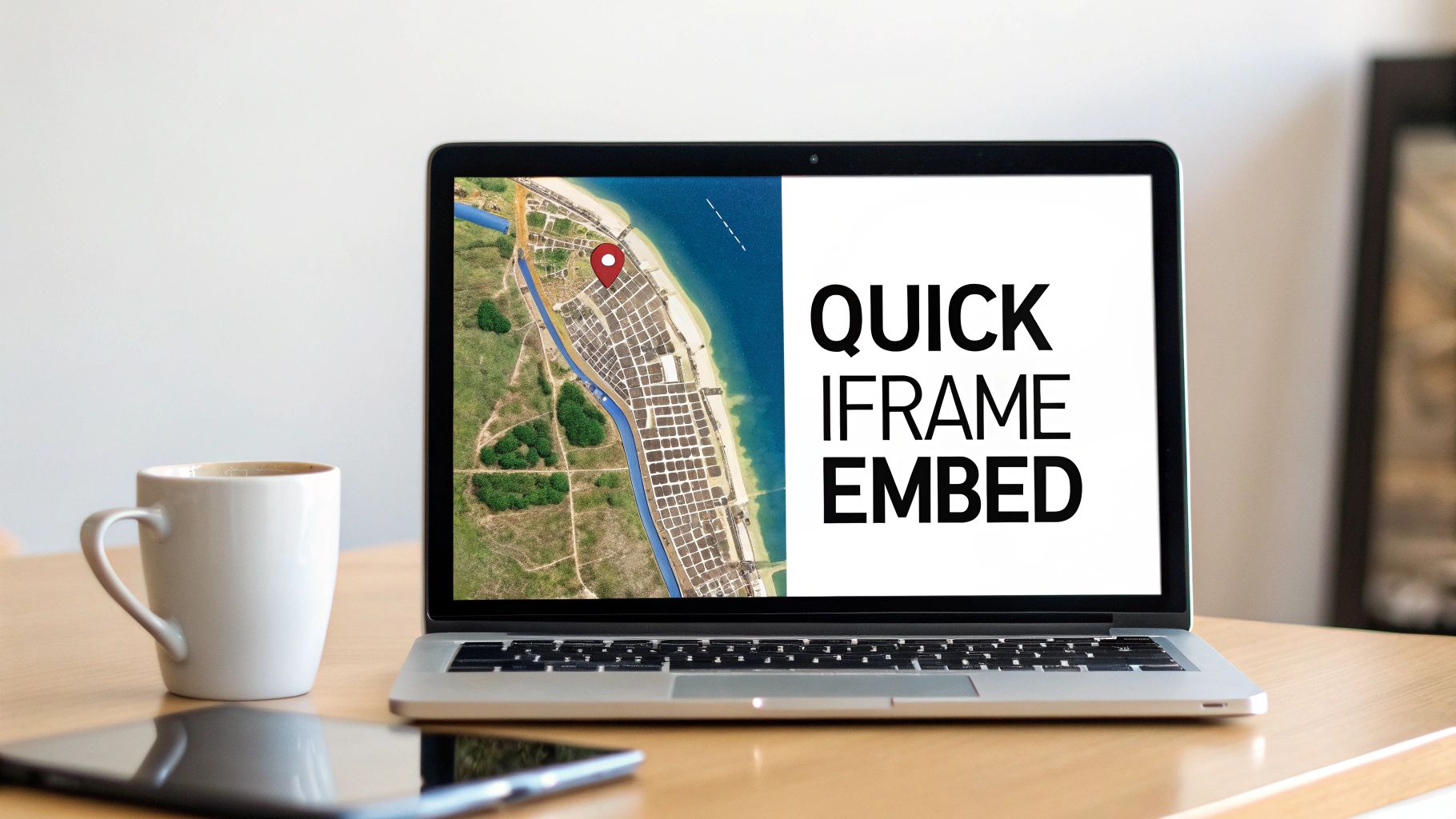 Laptop on a wooden desk showing a map with a location marker and 'Quick iFrame Embed' text.