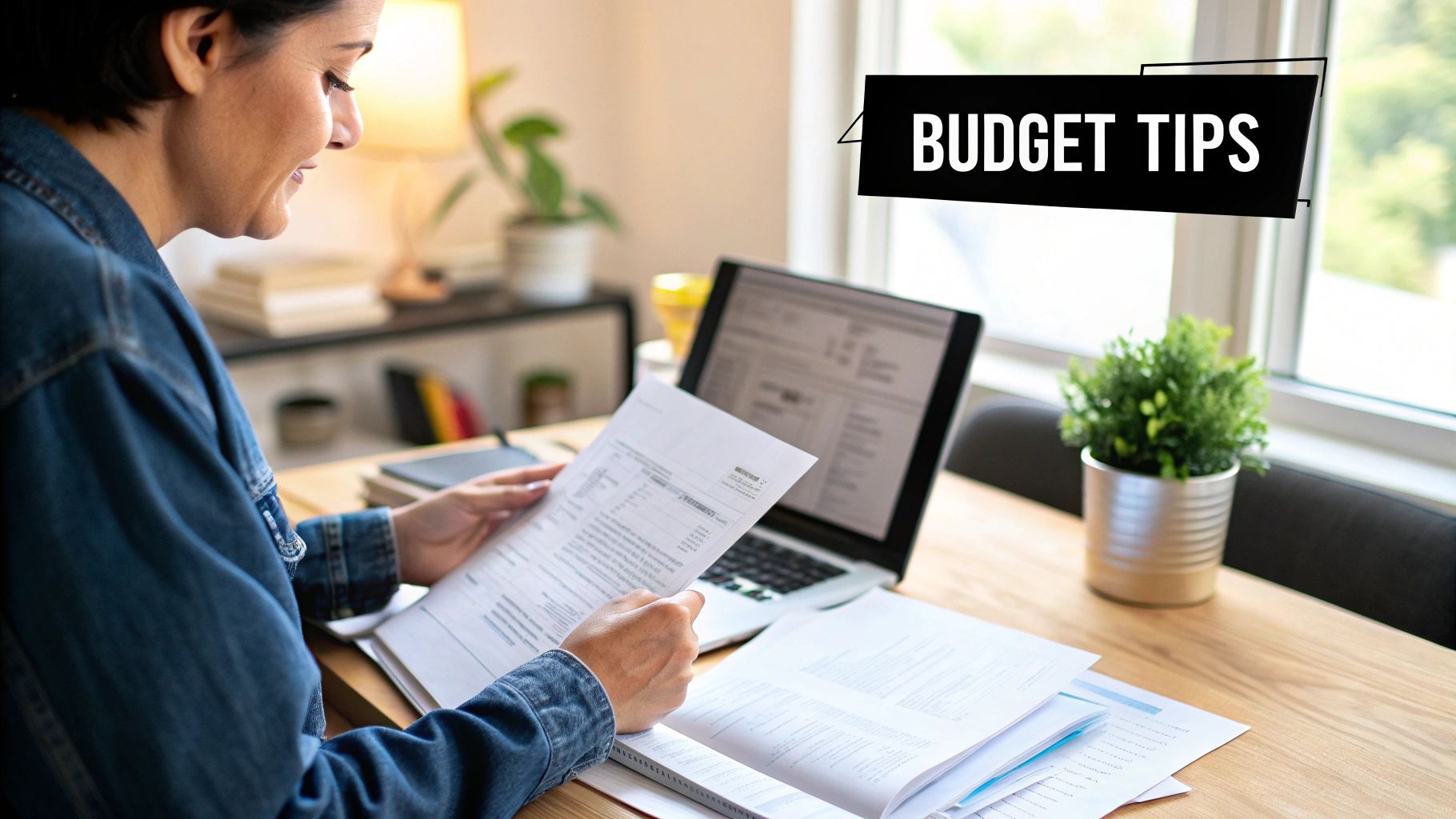 Woman in denim reviews documents at a desk with a laptop displaying "Budget Tips." A plant and books are in the background, creating a cozy vibe.