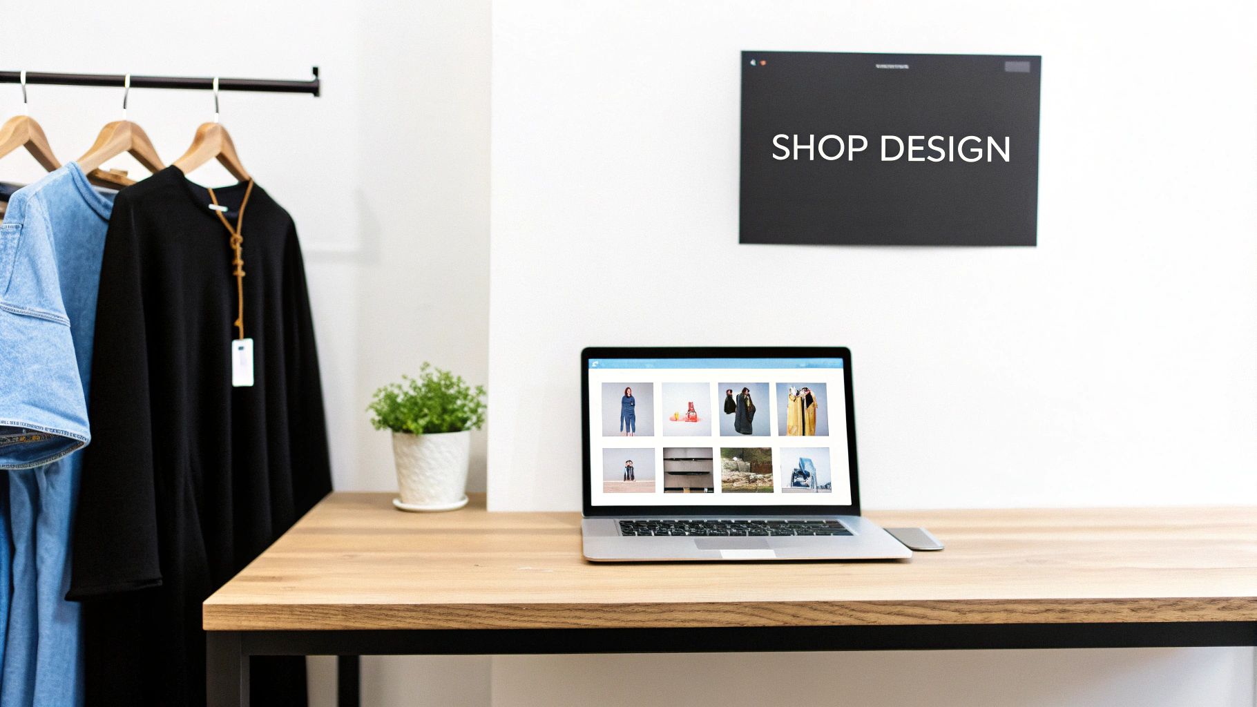 A laptop displays clothing items on a wooden desk, with clothes on hangers and a 'SHOP DESIGN' sign.