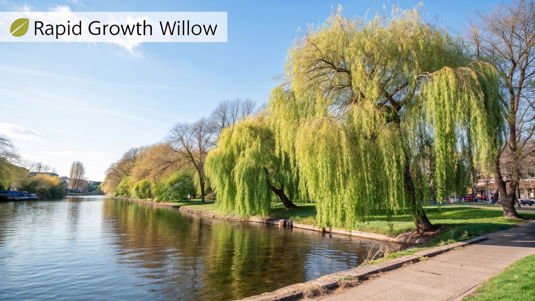 Willow trees by a river on a sunny day, with green leaves swaying gently. Blue sky and path along the river. Text reads "Rapid Growth Willow".