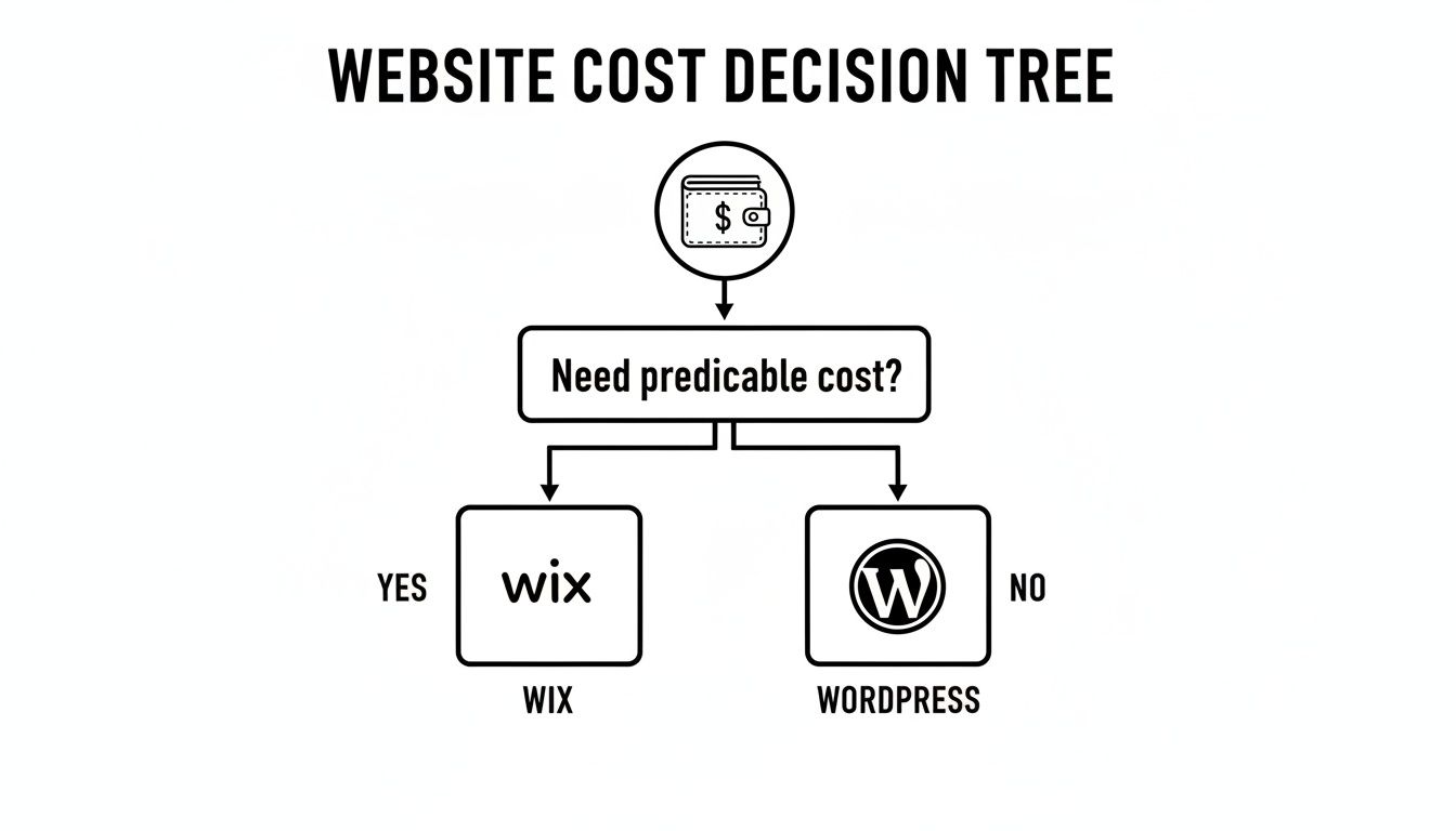 A decision tree comparing Wix and WordPress for website cost, asking if predictable cost is needed.