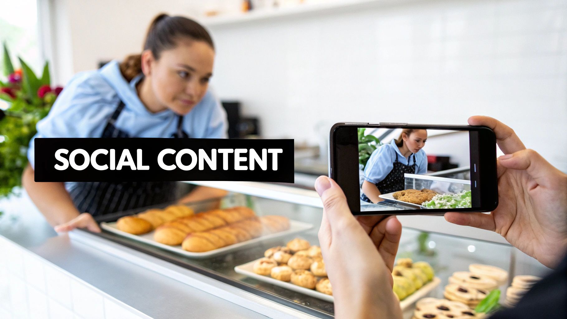 A person films a baker arranging fresh pastries in a display case for social media content.