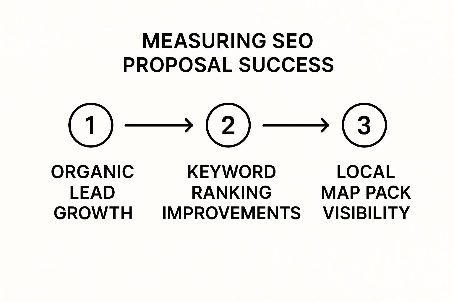 SEO success flowchart: "1. Organic Lead Growth" → "2. Keyword Ranking Improvements" → "3. Local Map Pack Visibility" on white background.