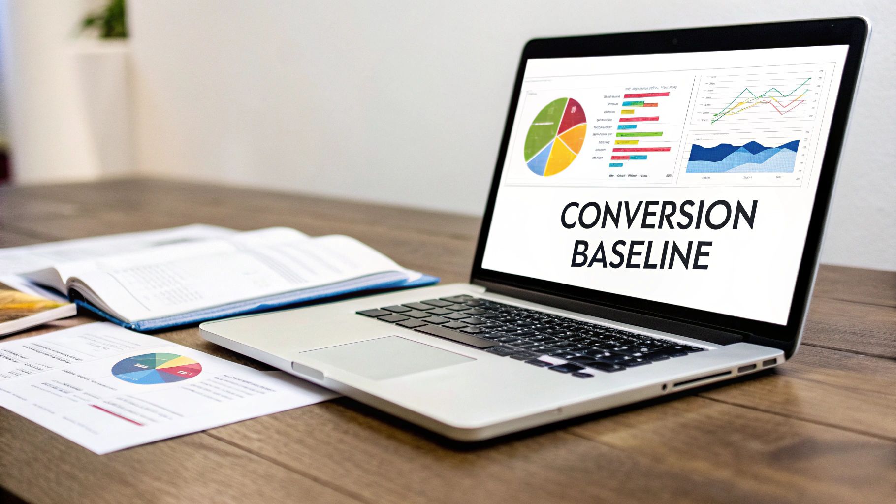 Laptop displaying 'CONVERSION BASELINE' and various business charts on a wooden desk with documents and a book.